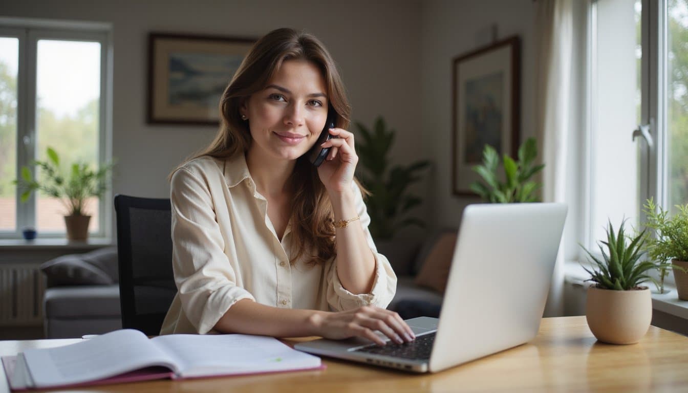 Cozy workspace with a person on the phone and office essentials on the desk