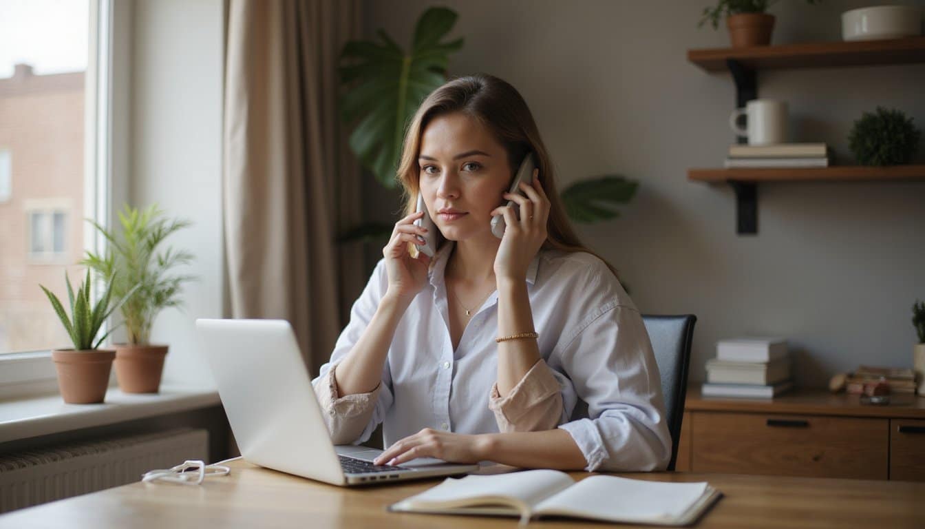 Reassuring phone call scene in a modern home office with soft lighting