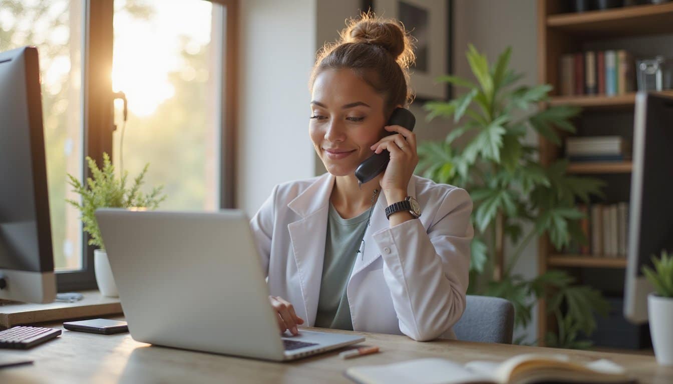 Person holding a phone in a comfortable home office with neutral decor