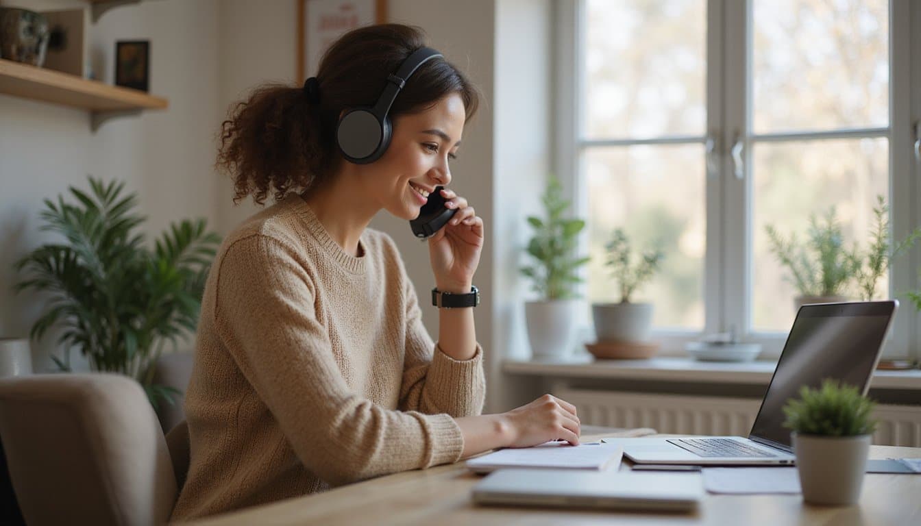 Home office support call scene with warm tones and natural daylight