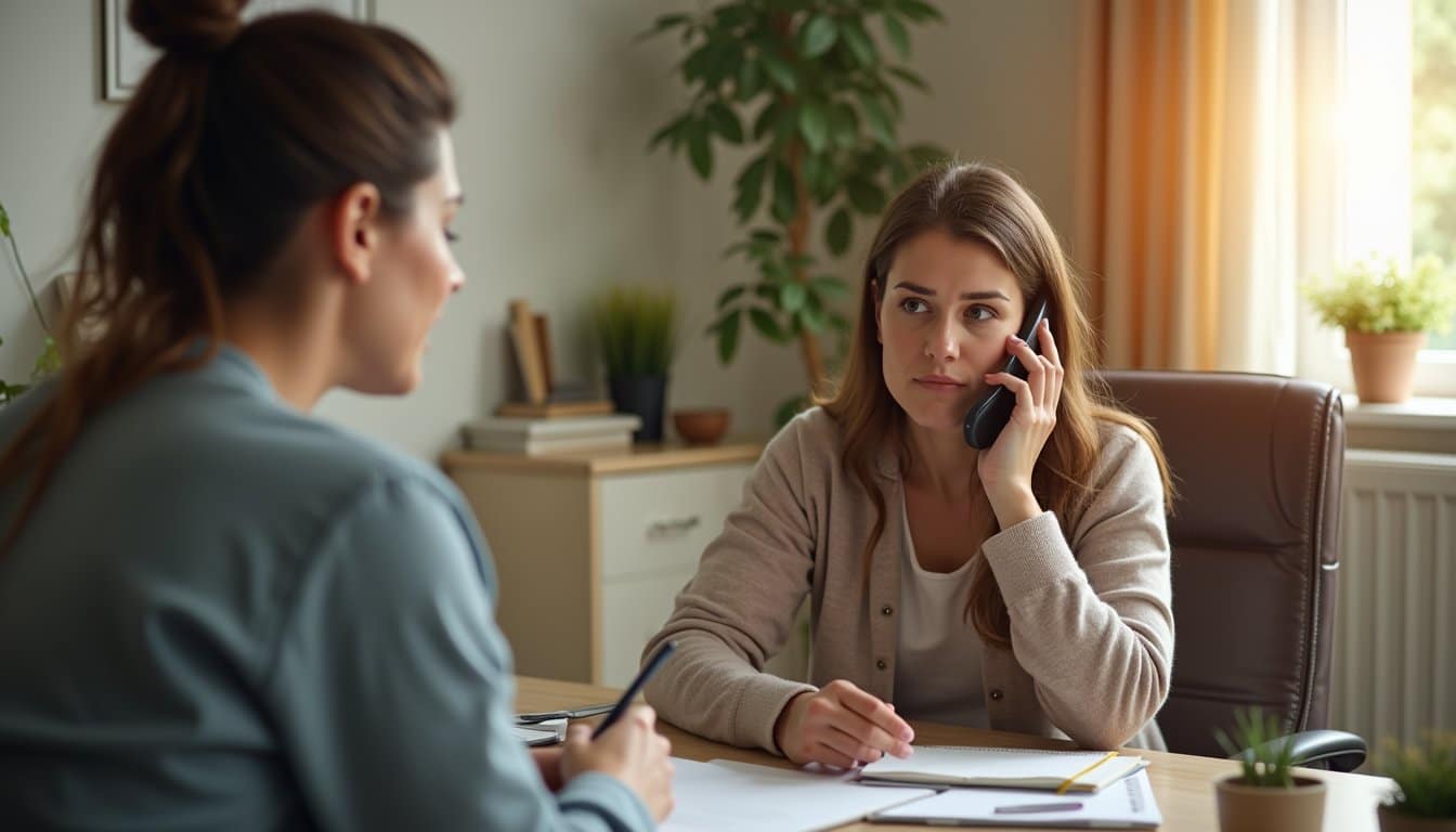Professional support specialist speaking gently on the phone