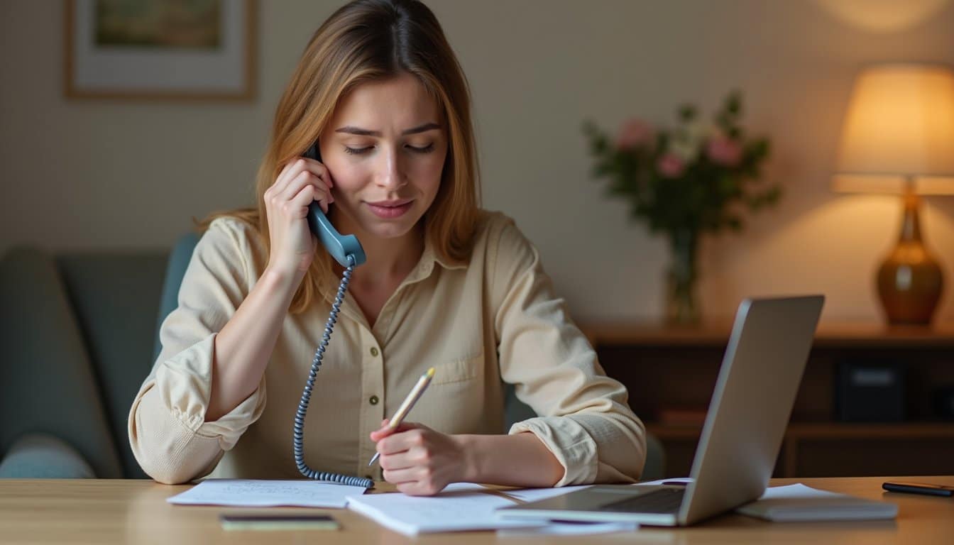 Compassionate counselor speaking on the phone in a softly lit office